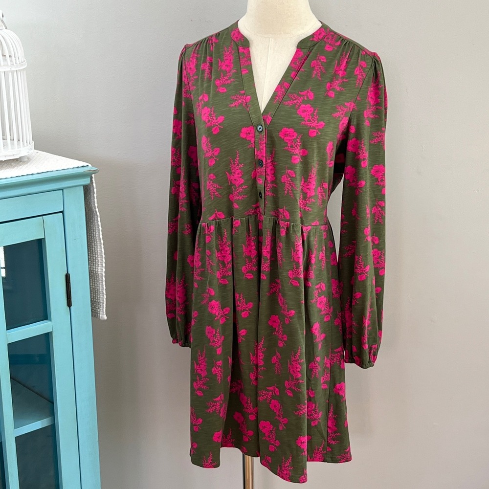 Boden Olive Green Pink Floral Cotton Jersey Button Front Dress Pockets Size 10